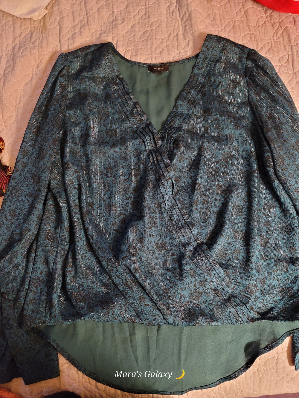 Halogen Floral Pintuck Pleated Wrap Front Blouse Metallic June Bug Green L